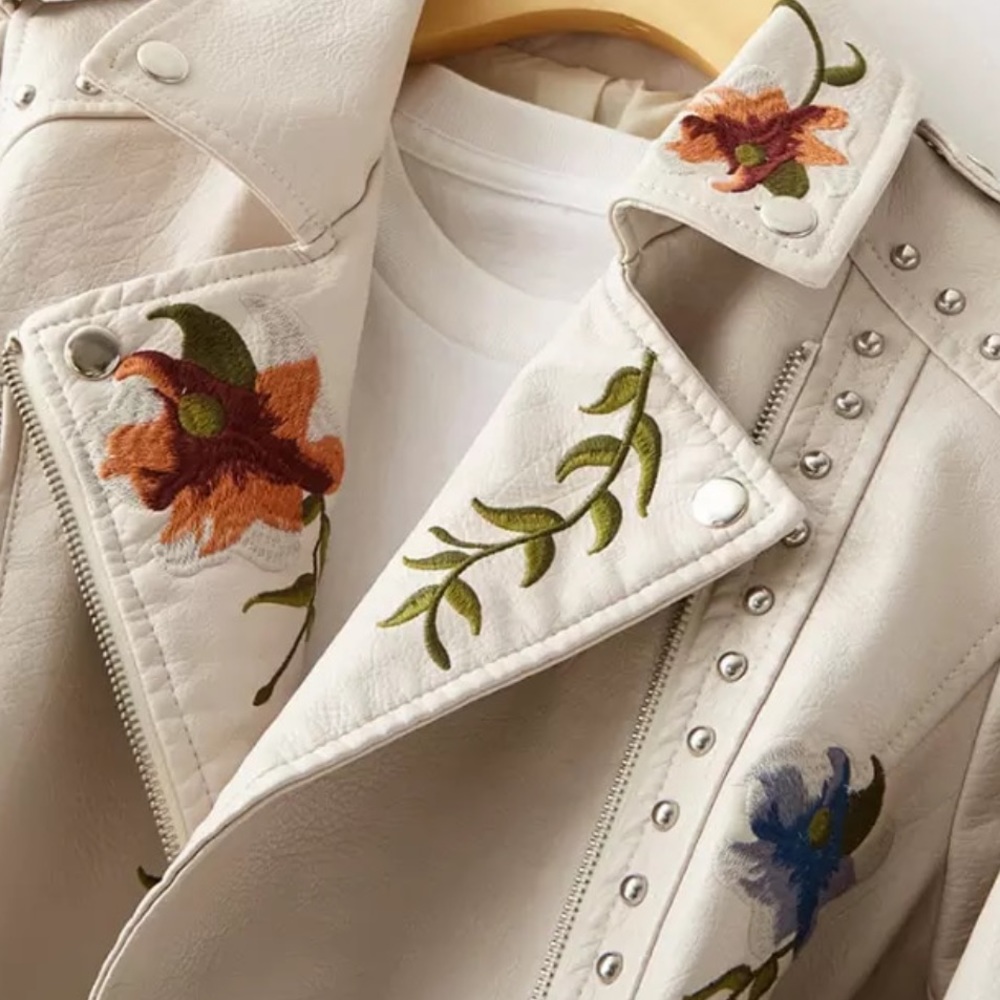 🎉New Chic Ivory Floral Print Embroidery FauxLeather Moto Jacket - Picture 4 of 16